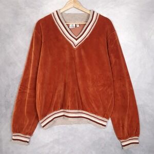 Vintage Velour Sweater Mens Large Rust Orange V Neck Striped Retro Campus Core